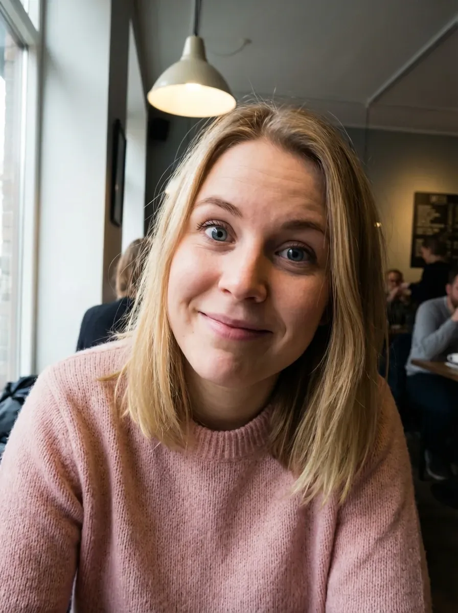 Original selfie input — woman in a pink sweater inside a cafe